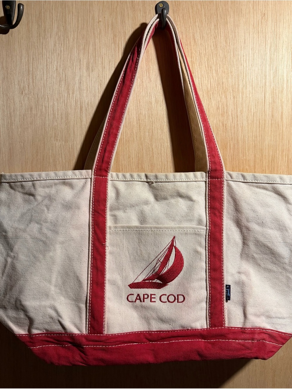 Cape Cod Large Red & Cream Canvas Tote with Sailboat Embroidery